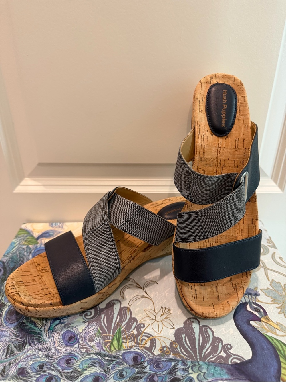 Hush Puppies Coco Cork Wedge Sandals Navy Leather Elastic Size 9